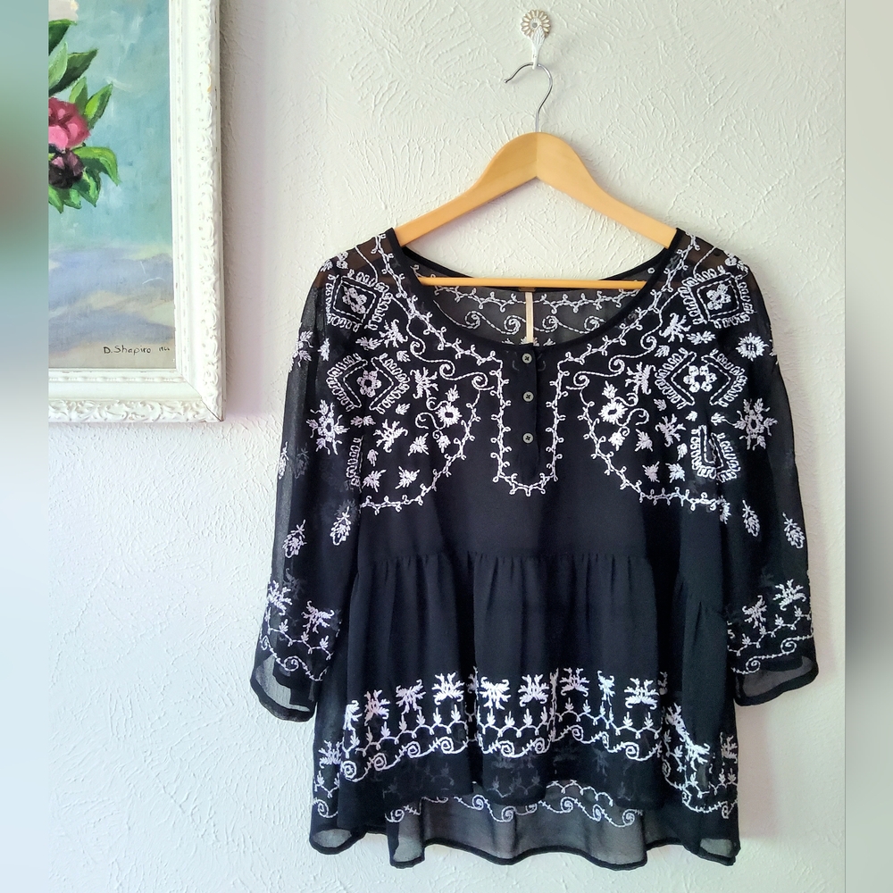 Free People - Black Sheer Top with White Embroidery